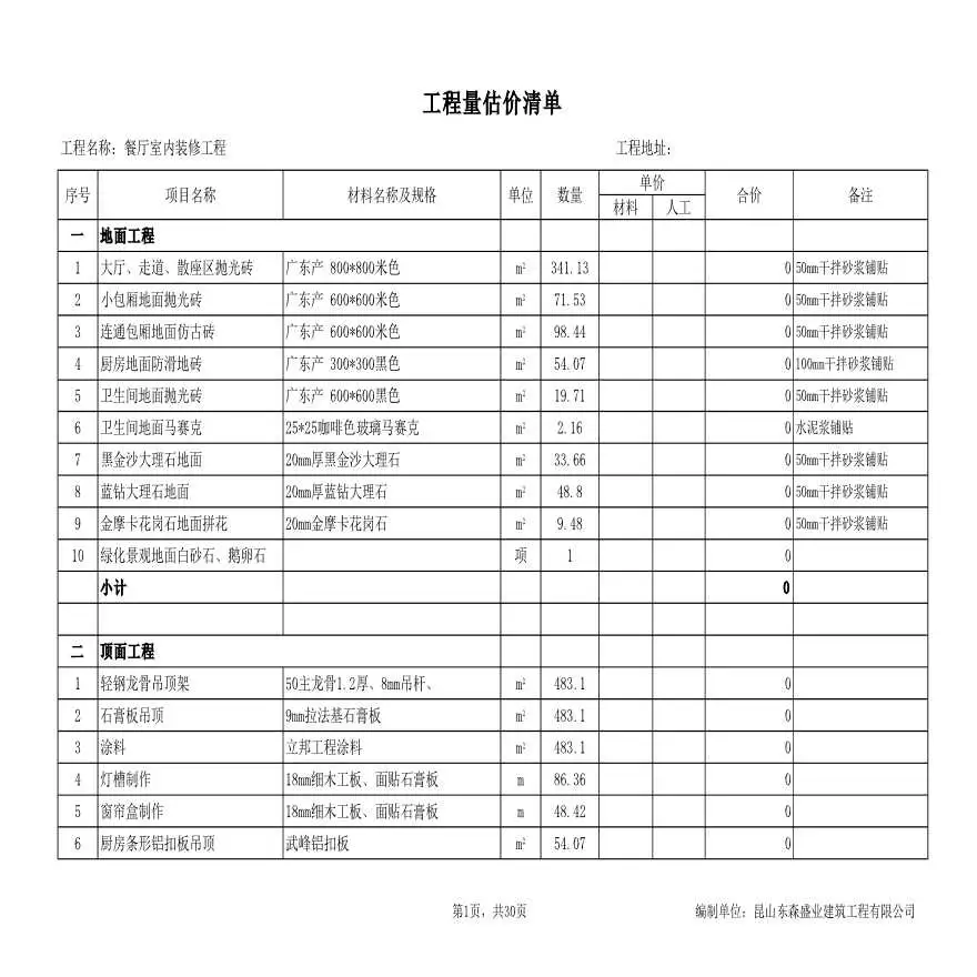 饭店装修清单(饭店装修预算表格范本)